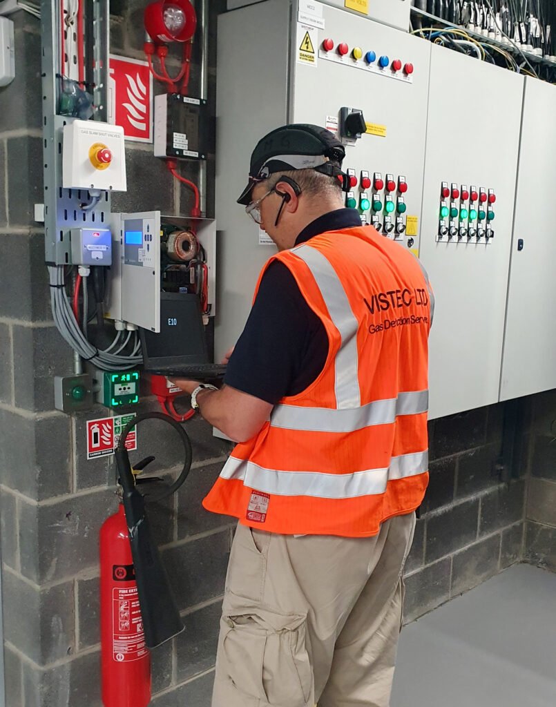 Vistec engineer testing a gas detection system in a plant room