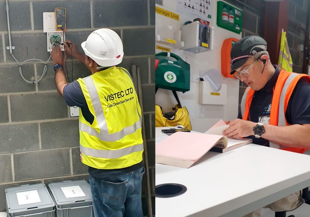 Vistec technicians installing a gas detector and recording a service visit